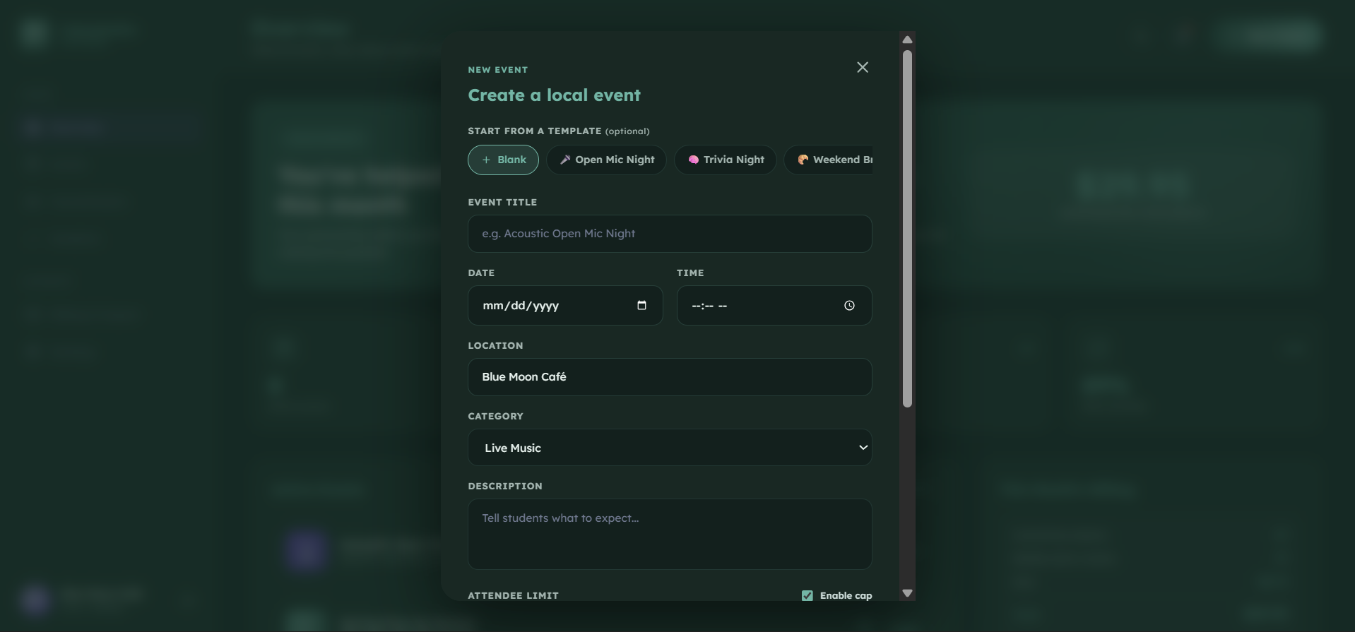 Create event — dark mode