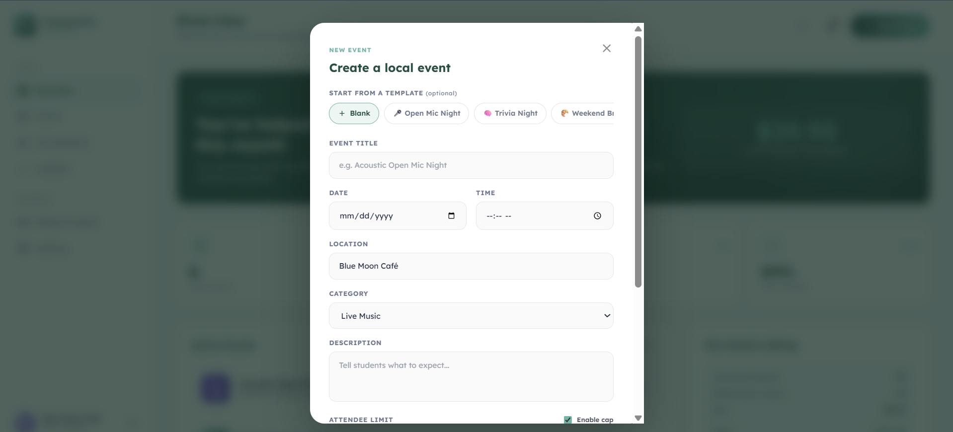 Create event — light mode